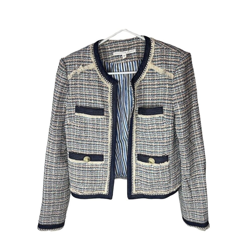 Veronica Beard Navy, Cream & Light Blue Tweed Cropped Blazer